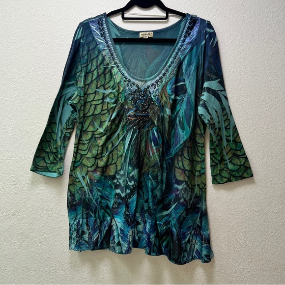 One World Teal and Aqua Tunic Peacock Pattern - Picture 1 of 8